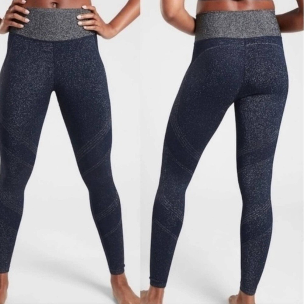 Athleta Shimmer Seamless Tight High Rise Metallic Black Silver Leggings Medium